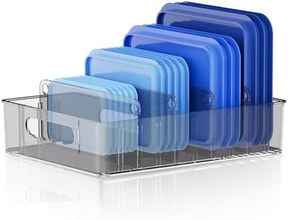 LYNG Lid Organizers Inside Cabinet, Clear Plastic Storage Lid Organizer With 4 Adjustable Dividers, Food Container Lid Organizer For Kitchen Pantry Grey