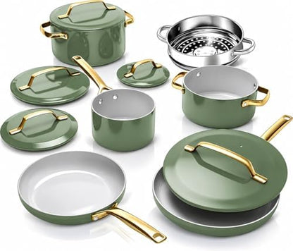Gotham Steel Modern 11 Pc Ceramic Cookware Set, Elegantly Designed Pots and Pans Set Non Stick with Steamer, Induction Bottom, Premium Stay Cool Handles, Non Toxic PFOA Free, Oven & Dishwasher Safe