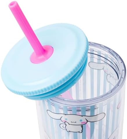 Silver Buffalo Sanrio Hello Kitty & Friends Cinnamoroll Hearts and Blue Stripes Plastic Cold Cup with Lid & Straw, 20 Ounces (Pack of 12)