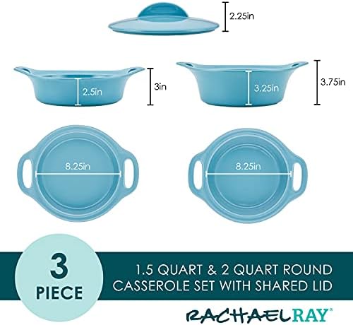 Rachael Ray Solid Glaze Ceramics Casserole Bakeware/Baker Set with Shared Lid, 3 Piece, Agave Blue