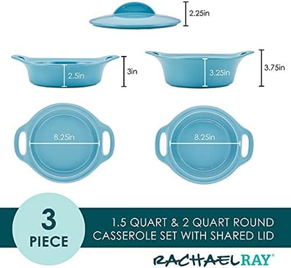Rachael Ray Solid Glaze Ceramics Casserole Bakeware/Baker Set with Shared Lid, 3 Piece, Agave Blue