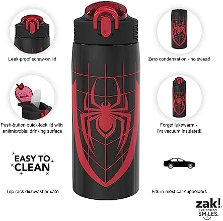 Zak Designs Marvel Spider-Man Water Bottle for Travel and At Home, 19 oz Vacuum Insulated Stainless Steel with Locking Spout Cover, Built-In Carrying Loop, Leak-Proof Design (Miles Morales)