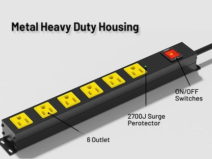 Heavy Duty 6 Outlet Metal Long Power Strip, 2700J Surge Protector