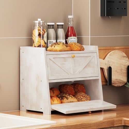Trironsun Vintage Double Layer Bread Box for Kitchen Counter Bamboo Bread Storage Container Large Capacity Bread Storage Bin (Antique White)