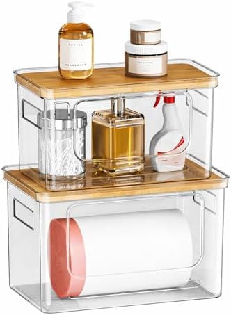 Trash Bag Holder Dispenser,Plastic Under Sink Organizer,Bamboo lid,Set of 2