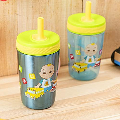 Zak Designs CoComelon Kelso Tumbler Set, Leak-Proof Screw-On Lid with Straw, Bundle for Kids Includes Plastic and Stainless Steel Cups with Bonus Sipper (3pc Set, Non-BPA)
