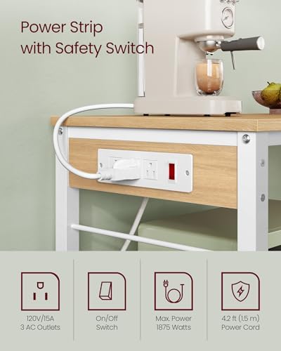 VASAGLE Kitchen Island with Power Strip, 3-Tier, 6 Hooks, Metal Frame