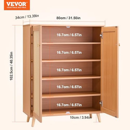 VEVOR Rattan Shoe Cabinet, 5 Tiers Shoe Storage Organizer with 2 Doors and Adjustable Shelves, 40.35" Tall Rattan Shoe Storage Entryway Cabinet Ideal for Entryway, Closet, Hallway, Light Wood Color