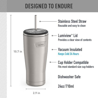 THERMOS ICON SERIES, Stainless Steel Cold Tumbler with Lid and Straw - 24 Ounce, Matte Stainless Steel - Vacuum Insulated Tumbler