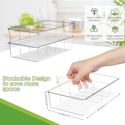 ZIZOTI Snack Organizer for Pantry Shelf, 2 Pack Clear Plastic Pantry Storage Bins with 3 Dividers for Snacks, Spices, Chips Food Organizer, Stackable Pantry Organizers for Kitchen, Fridge, Cabinet