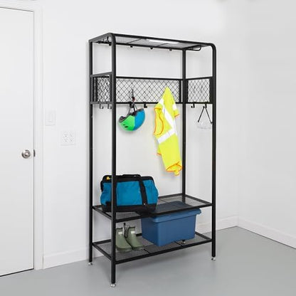 Honey-Can-Do Garage Entryway Storage Unit With Light, Hooks and Clothes-Hanging Bar, Black SHF-09842 Black