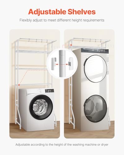 VEVOR Over the Washer and Dryer Storage Shelf, 3 Tier Laundry Room Drying Rack with Hanger Rod and Hooks, Adjustable Over Washer and Dryer Shelves, Laundry Room Shelf Storage Space Saver, White