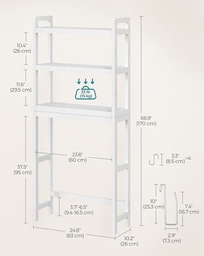 SONGMICS 3-Tier Bamboo Over The Toilet Storage, Adjustable Shelf, 66.9''H