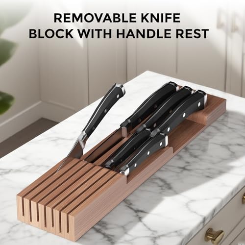 TIOPGHAD Expandable Bamboo Silverware Organizer with Knife Block, Brown