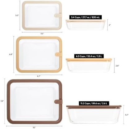 Glad Glass Food Storage Containers, Set of 3 - Airtight Vacuum Sealed Steam Vent Lids - Rectangular Borosilicate Glass Dishes with Ombre Green Lids - Assorted Sizes for Meal Prep & Leftovers, Brown