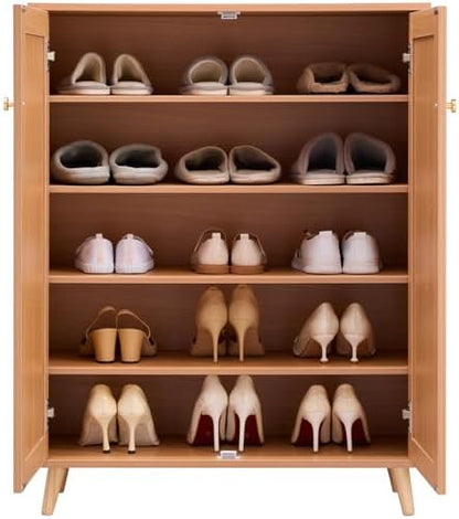 VEVOR Rattan Shoe Cabinet, 5 Tiers Shoe Storage Organizer with 2 Doors and Adjustable Shelves, 40.35" Tall Rattan Shoe Storage Entryway Cabinet Ideal for Entryway, Closet, Hallway, Light Wood Color