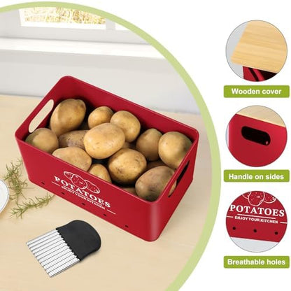 Kitchen Vegetable Storage Set of 3, Metal Onion Garlic Potato Storage Set, Kitchen Canisters Vegetable Keeper Containers with Aerating Holes and Bamboo Lid，Red