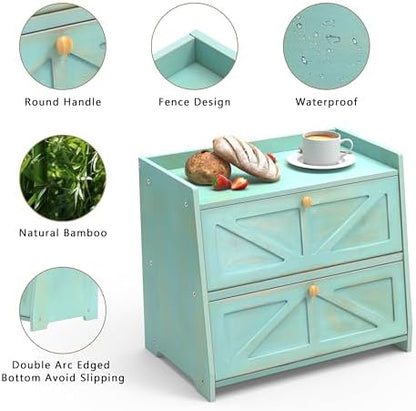 Trironsun Vintage Double Layer Bread Box for Kitchen Counter Bamboo Bread Storage Container Large Capacity Bread Storage Bin (Antique Blue)