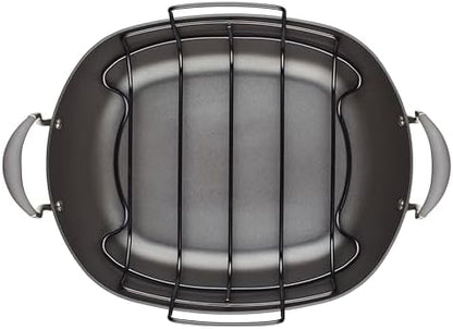 Anolon Advanced Hard Anodized Nonstick 2 Piece Roaster/Roasting Pan with Wire Rack, Oval, 16 Inch x 13 Inch, Dark Gray