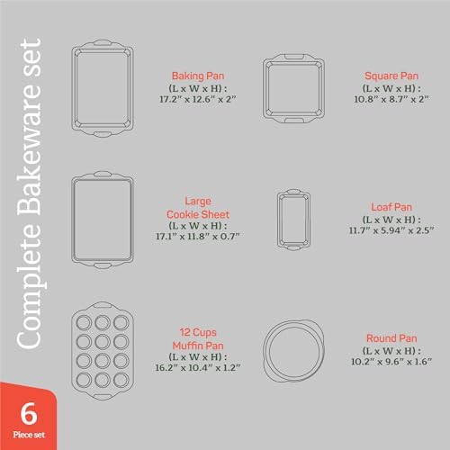 Emporio Kitchen Baking Pan Set - Nonstick Coating, Carbon Steel Bakeware Sets with Gray Silicone Handles, PFOA, PFOS, PTFE Free, Recipe Booklet Included, Oven Safe Tray (Up To 450° F), Set of 6 - Gray