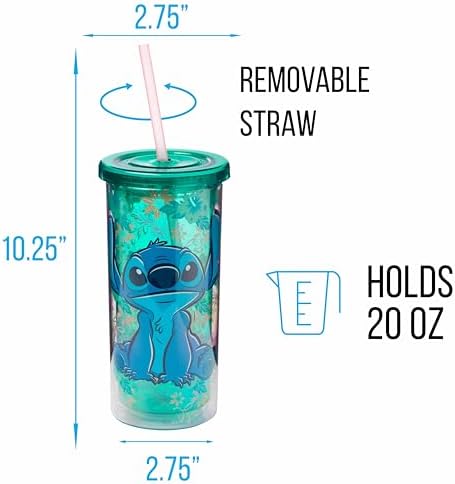 Silver Buffalo Disney Lilo and Stitch Tropical Pattern Plastic Tall Cold Cup with Lid and Straw, 20 Ounces (Pack of 12)