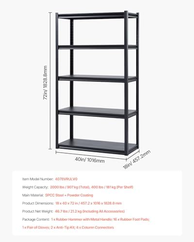 VEVOR Storage Shelves, 5-Tier Adjustable, 3000 lbs Capacity, Heavy Duty Garage Storage Shelving Unit, Metal Utility Rack Shelf, for Garage Warehouse Basement Kitchen, 40.55" W x 18.31" D x 71.38" H
