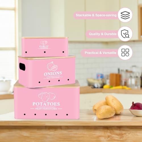 Kitchen Vegetable Storage Set of 3, Metal Onion Garlic Potato Storage Set, Kitchen Canisters Vegetable Keeper Containers with Aerating Holes and Bamboo Lid,Pink