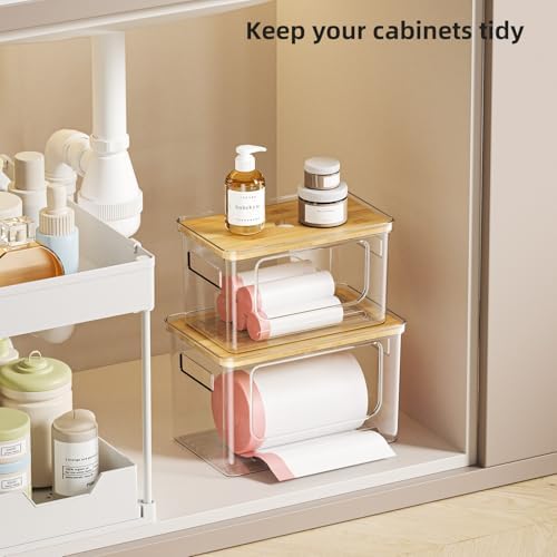 Trash Bag Holder Dispenser,Plastic Under Sink Organizer,Bamboo lid,Set of 2