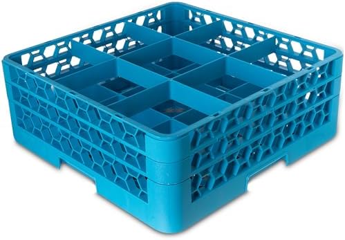 Carlisle FoodService Products OptiClean 9 Compartment Glass Racks for Restaurants with 2 Extenders - Glass Racks for Large Brandy Snifters, Grande Margaritas, Carafes, Wide Diameter, Blue, (Pack of 3)