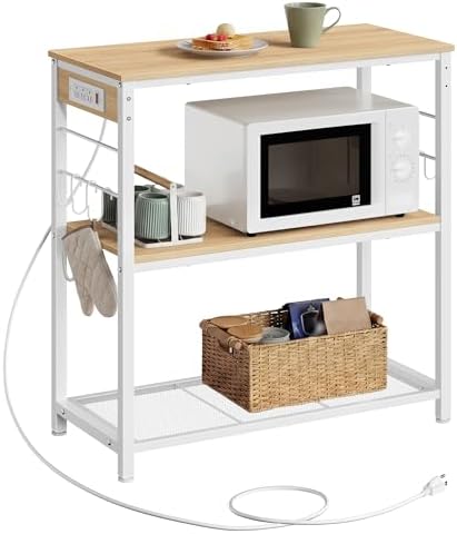 VASAGLE Kitchen Island with Power Strip, 3-Tier, 6 Hooks, Metal Frame
