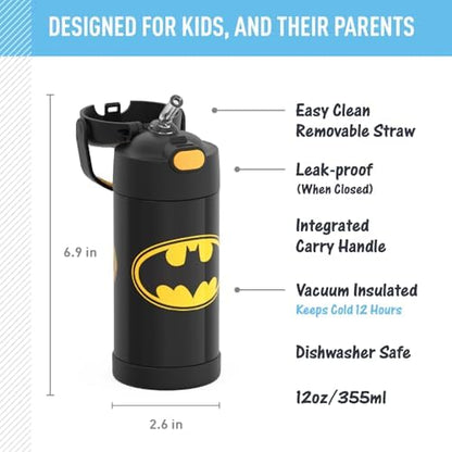 THERMOS FUNTAINER Water Bottle with Straw - 12 Ounce - Kids Stainless Steel Vacuum Insulated Water Bottle with Lid, Batman (Pack of 6)