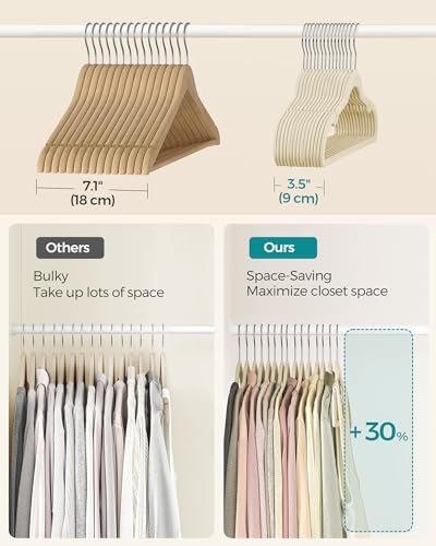 SONGMICS Velvet Hangers 50 Pack, Non-Slip Clothes Hangers with Shoulder Notches, Pants Bar, 360° Swivel Hook, Space-Saving, for Closet, Summer Sand UCRF029K05