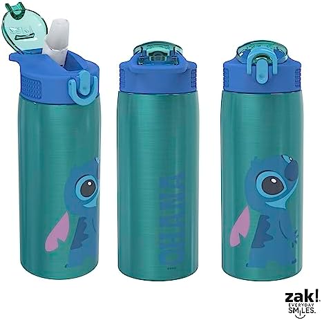 Zak Designs Disney Lilo and Stitch Water Bottle for Travel and At Home, 19 oz Vacuum Insulated Stainless Steel with Locking Spout Cover, Built-In Carrying Loop, Leak-Proof Design (Stitch)