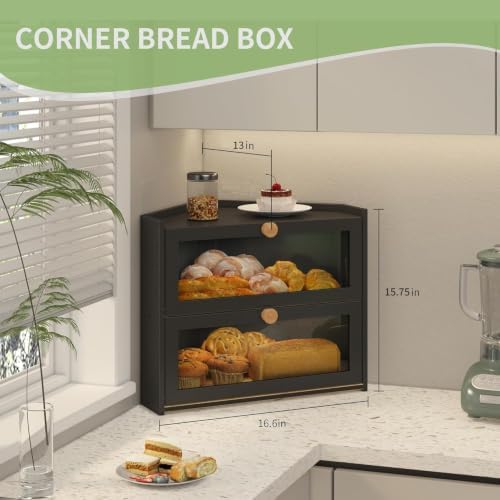 JANSNIMEN Corner Bread Box for Kitchen Countertop Bamboo Bread Holder Large Capacity Bread Container Storage Wooden Farmhouse Breadbox (Black, 16.6" L x 13" W x 15.75" H)