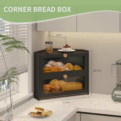 JANSNIMEN Corner Bread Box for Kitchen Countertop Bamboo Bread Holder Large Capacity Bread Container Storage Wooden Farmhouse Breadbox (Black, 16.6" L x 13" W x 15.75" H)