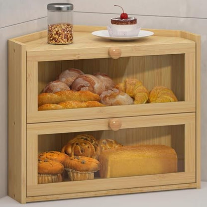 JANSNIMEN Corner Bread Box for Kitchen Countertop Bamboo Bread Holder Large Capacity Bread Container Storage Wooden Farmhouse Breadbox (Bamboo, 16.6" L x 13" W x 15.75" H)