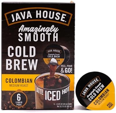 JAVA HOUSE Cold Brew Coffee, Colombian Medium Roast Coffee Concentrate Liquid Pods - 1.35 Fluid Ounces (6 Count) Enjoy Hot Or Iced