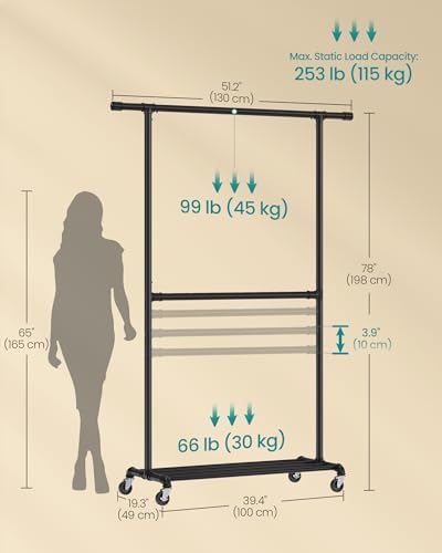 SONGMICS Heavy-Duty Clothes Rack, Double-Rod, Metal Frame on Wheels