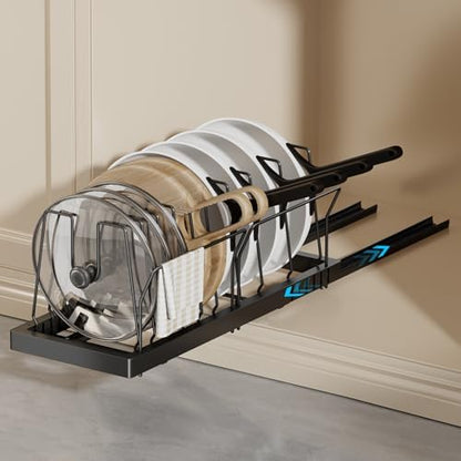 Magheo Pots and Pans Organizer Under Cabinet, 22" Deep Expandable Pull Out Pot Lid Organizer and Storage with 10 Adjustable Dividers No Drill Pot and Pan Holder Rack with Handle Bracket(1 Pack,Black)
