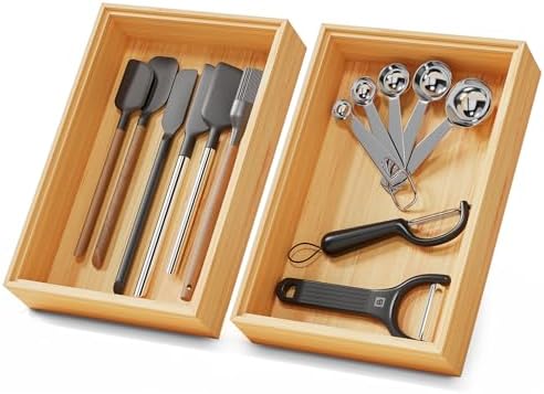 Bamboo Kitchen Drawer Organizer Boxes 9" x 6" Stackable Wooden Organizers