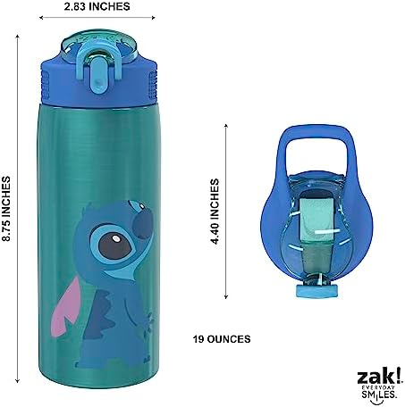 Zak Designs Disney Lilo and Stitch Water Bottle for Travel and At Home, 19 oz Vacuum Insulated Stainless Steel with Locking Spout Cover, Built-In Carrying Loop, Leak-Proof Design (Stitch)