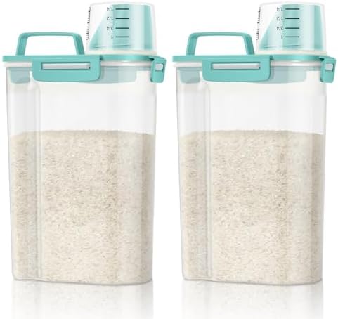 TBMax Rice Container Cereal Storage Container 2 Pack 5 Lbs, Kitchen Pantry Dry Food Storage Holder with Easy-Pouring Spout & Handy Cup, Small Pet Dog Cat Food Dispenser for Daily Feeding -Cyan