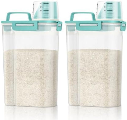 TBMax Rice Container Cereal Storage Container 2 Pack 5 Lbs, Kitchen Pantry Dry Food Storage Holder with Easy-Pouring Spout & Handy Cup, Small Pet Dog Cat Food Dispenser for Daily Feeding -Cyan