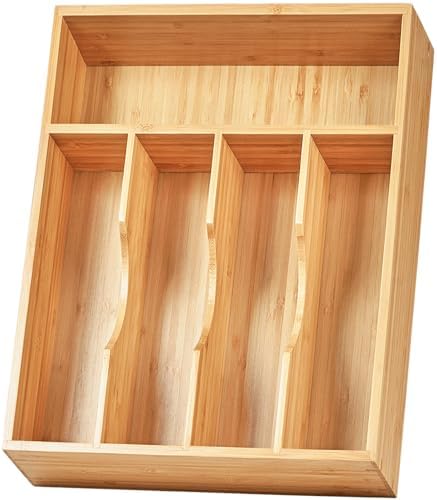 Umilife Kitchen Drawer Organizer, 10 Inch Silverware Utensil Tray Holder, Extra Deep, with Non-Slip Feet & Grooved Drawer Divider, 5 Slots Total Bamboo Wood Caddy for Flatware Cutlery Knives
