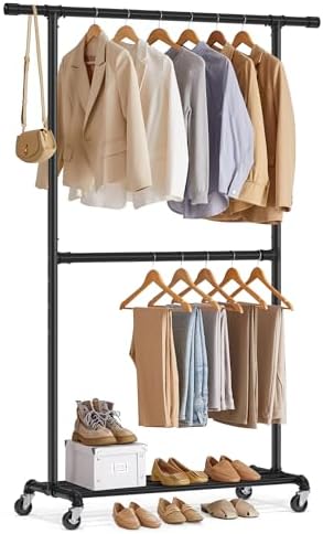 SONGMICS Heavy-Duty Clothes Rack, Double-Rod, Metal Frame on Wheels