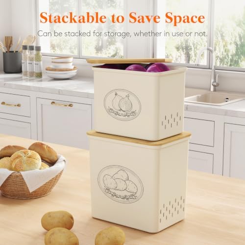 Lifewit Plastic Potato and Onion Storage Bin Box, Set of 2, Beige