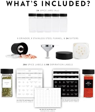 SAVVY & SORTED Glass Spice Jars with Label 24 PK - 4 Oz Spice Containers with 374 Minimalist Preprinted Labels Stickers, Pepper Grinder Funnel Shaker Lids, Empty Seasoning Containers Bottles
