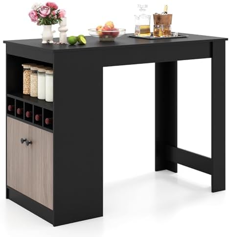 COSTWAY 48" Bar Table with Storage Cabinet & Wine Rack, Home Dining Table