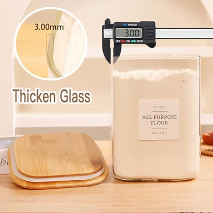 2 Pack large Square Glass Flour and Sugar Containers with 132 Kitchen Pantry Labels - 110 floz & 51 floz - Glass Jars with Airtight Bamboo Lid - Glass Rice Canisters for Coffee, Pasta, Cookie, Cereal