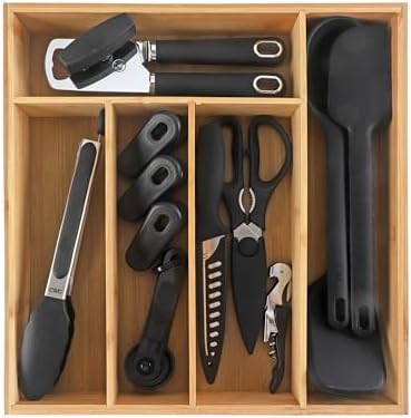 COOK WITH COLOR Bamboo Kitchen Utensil Set with Drawer Organizer | Cooking Tools and Storage Caddy, Black, 18 Piece Gadget Set
